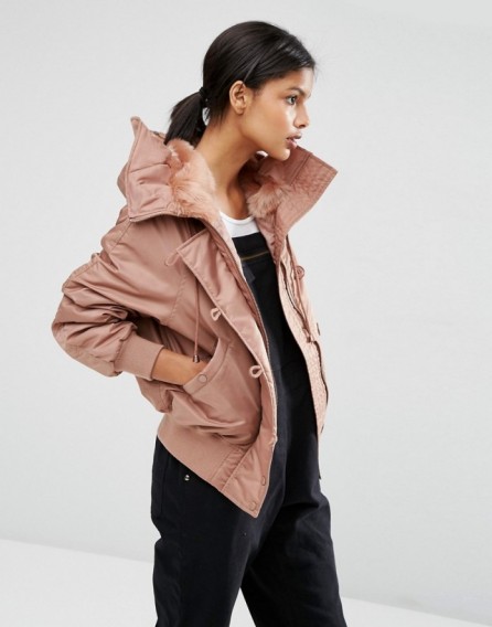 ASOS Bomber Jacket in Vintage MA1 Styling with Faux Fur Hood in mink. Casual jackets | Autumn/Winter outerwear | on-trend fashion