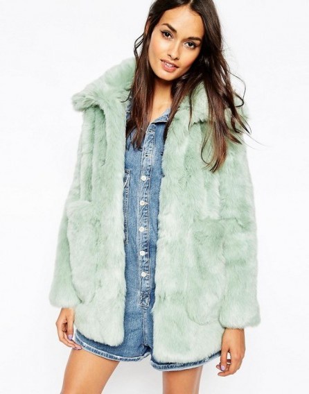 ASOS Coat in Pastel Faux Fur mint green. Fluffy coats | warm winter coats | on-trend fashion | women’s outerwear - flipped