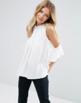 ASOS Cold Shoulder Blouse with High Neck & Pintuck Detail Ivory ~ open shoulder tops ~ frill neckline blouses ~ frilled neck ~ pleated front detail ~ feminine look fashion ~ ruffled collar