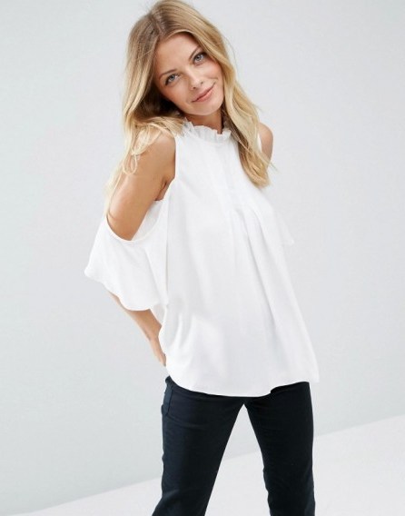 ASOS Cold Shoulder Blouse with High Neck & Pintuck Detail Ivory ~ open shoulder tops ~ frill neckline blouses ~ frilled neck ~ pleated front detail ~ feminine look fashion ~ ruffled collar - flipped