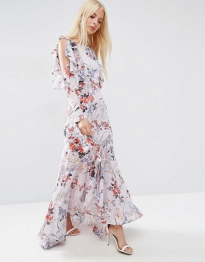 ASOS Cold Shoulder Long Sleeve Ruffle Maxi Dress In Grey Floral ~ ruffled open shoulder ~ long dresses with ruffles - flipped