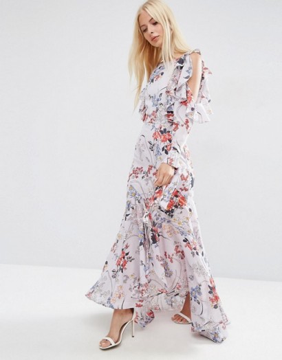 ASOS Cold Shoulder Long Sleeve Ruffle Maxi Dress In Grey Floral ~ ruffled open shoulder ~ long dresses with ruffles
