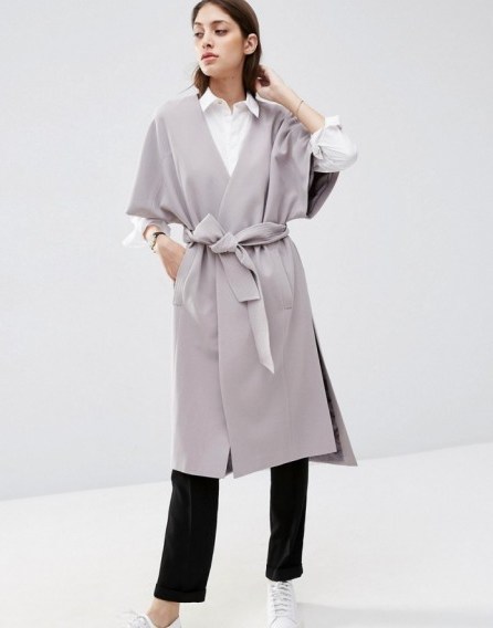 ASOS Duster Coat with Kimono Sleeve grey. Wide sleeved coats | tie belt | belted outerwear | long wrap style jackets | effortless style | chic fashion - flipped