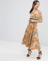 ASOS Gold Floral Off The Shoulder Bardot Midi Prom Dress ~ vintage style dresses ~ fit and flare ~ large flower prints