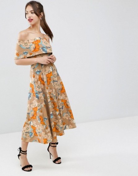 ASOS Gold Floral Off The Shoulder Bardot Midi Prom Dress ~ vintage style dresses ~ fit and flare ~ large flower prints - flipped