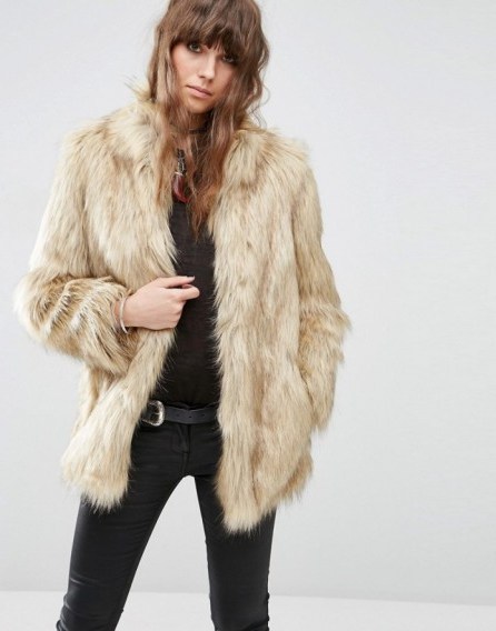 ASOS Jacket in Vintage Faux Fur in beige. Fluffy jackets | warm winter coats | glam outerwear - flipped