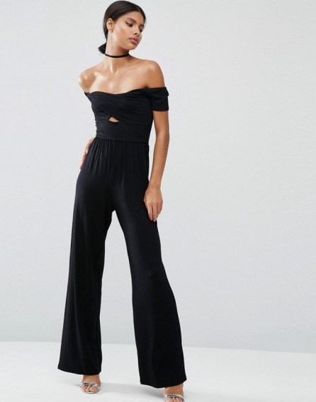 ASOS Black Jersey Jumpsuit with Wrap Bardot and Twist Top and Wide Leg ~ off the shoulder jumpsuits ~ going out fashion ~ on-trend clothing ~ evening style - flipped