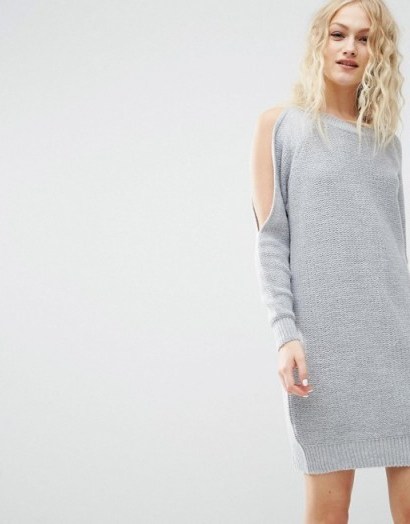 ASOS Grey Jumper Dress with Cold Shoulder ~ knitted open shoulder dresses ~ trending knitwear fashion ~ sweater dress - flipped