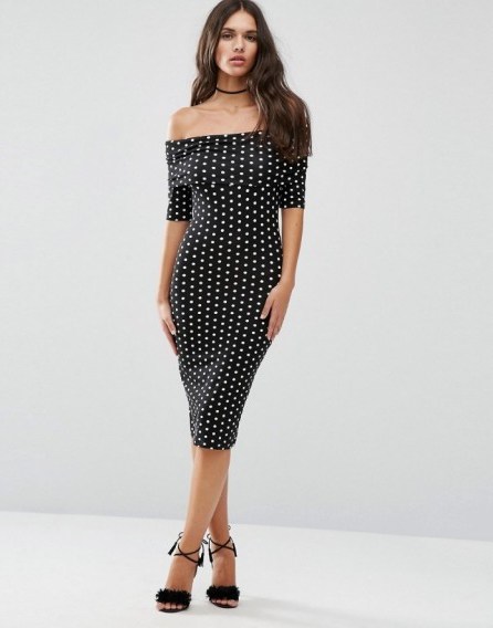 ASOS Midi Bardot Off Shoulder Bodycon Dress With 3/4 Sleeve in Spot Print ~ bardot dresses ~ fitted fashion ~ off the shoulder ~ black and white spots ~ printed dots ~ dotty - flipped
