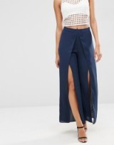 ASOS Occasion Wide Leg Split Front Trousers navy. Going out fashion | evening wear | wide leg pants | floaty lightweight fabric | front slit | loose fit