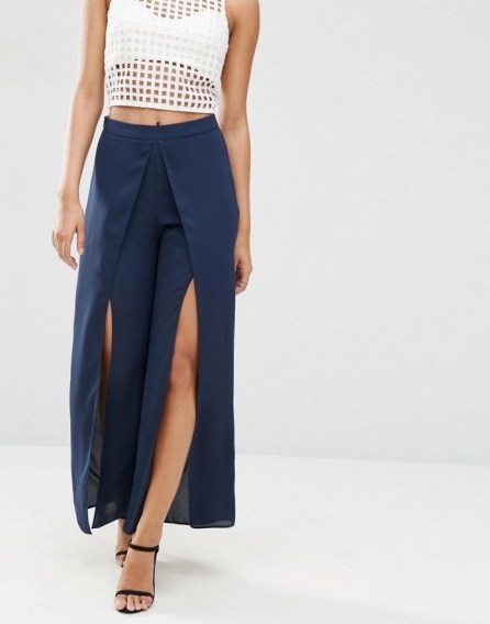 ASOS Occasion Wide Leg Split Front Trousers navy. Going out fashion | evening wear | wide leg pants | floaty lightweight fabric | front slit | loose fit - flipped