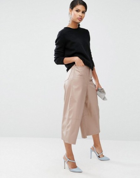 ASOS Premium Leather Look Culottes in neutral – Faux leather fashion ~ cropped pants ~ crop hem trousers ~ wide leg - flipped