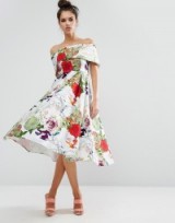 ASOS Premium Off The Shoulder Bardot Midi Prom Dress In Garden Floral ~ fit and flare ~ bold flower prints ~ occasion fashion ~ evening wear