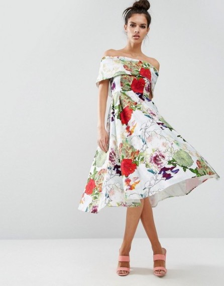 ASOS Premium Off The Shoulder Bardot Midi Prom Dress In Garden Floral ~ fit and flare ~ bold flower prints ~ occasion fashion ~ evening wear - flipped