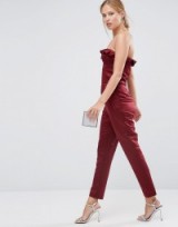 ASOS Satin Ruffle Bandeau Jumpsuit wine ~ strapless ruffled jumpsuits ~ on-trend evening fashion ~ ruffles ~ frilled ~ frills ~ dark red