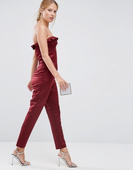 ASOS Satin Ruffle Bandeau Jumpsuit wine ~ strapless ruffled jumpsuits ~ on-trend evening fashion ~ ruffles ~ frilled ~ frills ~ dark red - flipped