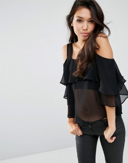 ASOS Sheer Tiered Cold Shoulder Top black ~ semi sheer chiffon tops ~ trending ruffled fashion ~ on trend ruffles ~ square neckline ~ feminine style ~ see-through fabric - flipped