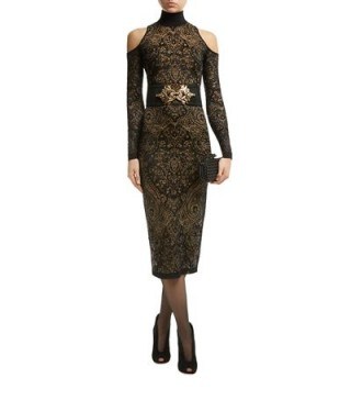 Balmain Lace Knit Cold Shoulder Dress ~ luxe style dresses ~ fitted fashion ~ designer evening wear ~ black lace ~ luxury occasion wear ~ open shoulder - flipped