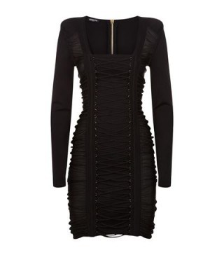 Balmain Black Lace Up Front Knit Dress ~ lbd ~ fitted fashion ~ designer occasion wear ~ mini dresses ~ ruched style - flipped