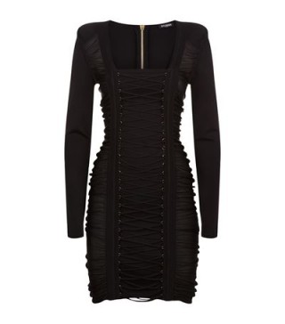 Balmain Black Lace Up Front Knit Dress ~ lbd ~ fitted fashion ~ designer occasion wear ~ mini dresses ~ ruched style