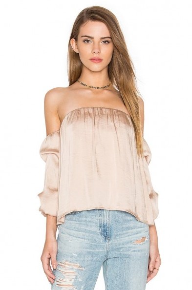BARDOT Caught Sleeve Bustier Top ~ satin style fabric tops ~ slinky ~ feminine look fashion ~ off the shoulder - flipped