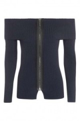 Bardot Front Zip Top in Navy Blue by Boutique. Rib knit tops | off the shoulder fine knits | knitted fashion | on trend autumn jumpers
