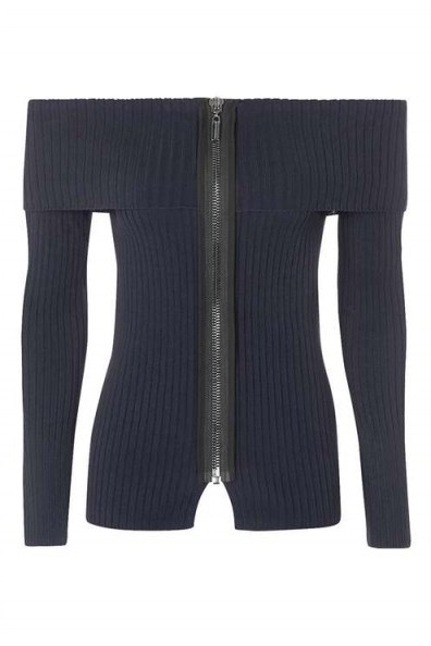 Bardot Front Zip Top in Navy Blue by Boutique. Rib knit tops | off the shoulder fine knits | knitted fashion | on trend autumn jumpers - flipped