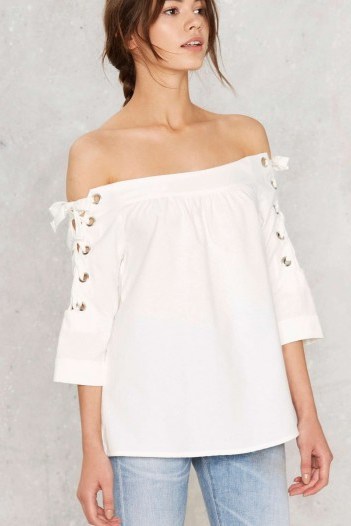 Nasty Gal Bare All White Off-the-Shoulder Top ~ bardo tops ~ on trend fashion ~ lace up sleeves - flipped