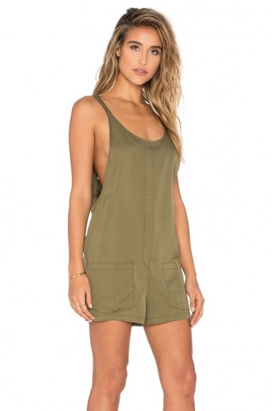 BISHOP + YOUNG GRACIE ROMPER in olive – as worn by Taylor Swift over a white round neck tee out in NYC, 31 August 2016. Celebrity street style USA | casual star style rompers | green sleeveless playsuits - flipped