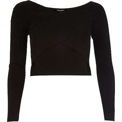 River Island Black bardot wrap crop top. Off the shoulder tops | cropped fashion | on trend clothing | trending now - flipped