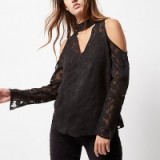 River Island Black devore cold shoulder choker blouse. Womens open shoulder tops | cut out front choker style | sheer sleeved blouses | on trend fashion | autumn clothing trending now | feminine style | floral printed