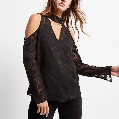 River Island Black devore cold shoulder choker blouse. Womens open shoulder tops | cut out front choker style | sheer sleeved blouses | on trend fashion | autumn clothing trending now | feminine style | floral printed - flipped