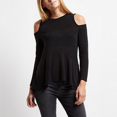 River Island Black cold shoulder soft peplum top. On trend tops | womens fashion trending now | open shoulder style | trendy casual clothing - flipped