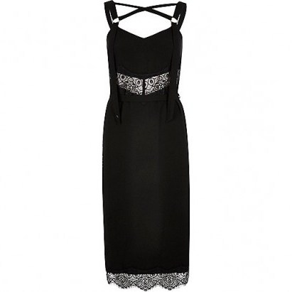 RIVER ISLAND Black lace trim tied slip dress – LBD – strappy evening dresses – going out glamour – party fashion - flipped