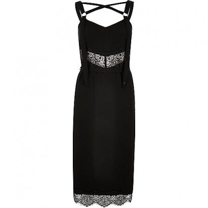 RIVER ISLAND Black lace trim tied slip dress – LBD – strappy evening dresses – going out glamour – party fashion