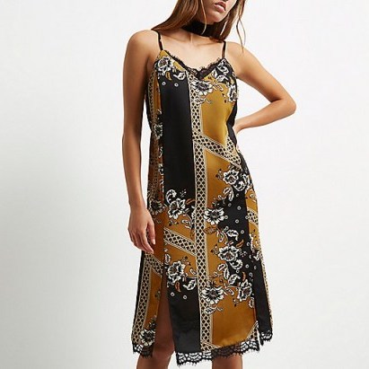 RIVER ISLAND Black print lace midi slip dress ~ going out dresses – on trend fashion – party clothing – strappy style - flipped