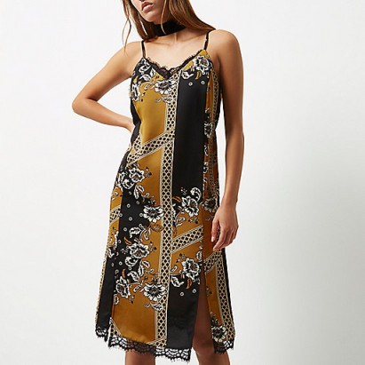 RIVER ISLAND Black print lace midi slip dress ~ going out dresses – on trend fashion – party clothing – strappy style