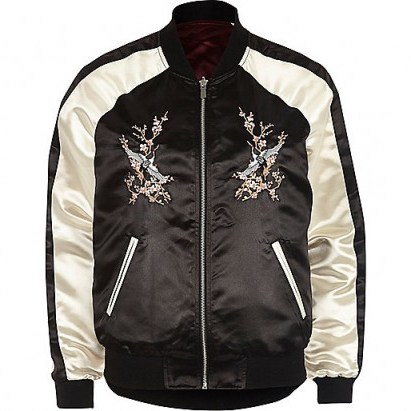 River Island Black satin embroidered reversible bomber. Womens casual jackets | on trend outerwear | perfect autumn street style | trending now | floral and bird embroidery - flipped