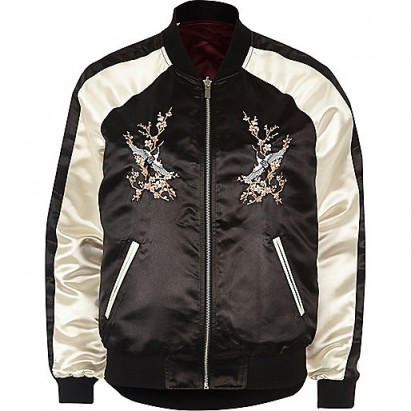 River Island Black satin embroidered reversible bomber. Womens casual jackets | on trend outerwear | perfect autumn street style | trending now | floral and bird embroidery