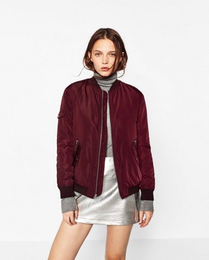 ZARA wine bomber jacket. Dark red casual jackets | Autumn/Winter fashion | on-trend outerwear | weekend style clothing - flipped