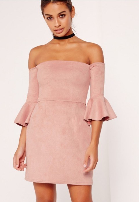 missguided bonded faux suede frill cuff bodycon dress pink ~ luxe style off the shoulder dresses ~ fitted bardot dress ~ frilled cuffs ~ affordable on trend fashion ~ luxury look going out clothing ~ evening wear - flipped