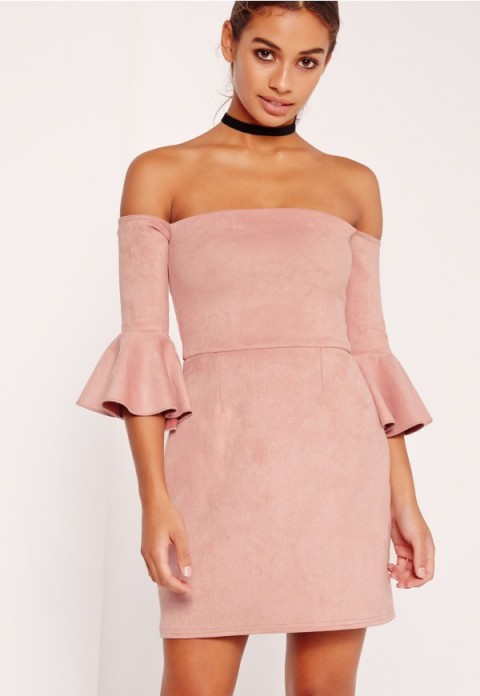 missguided bonded faux suede frill cuff bodycon dress pink ~ luxe style off the shoulder dresses ~ fitted bardot dress ~ frilled cuffs ~ affordable on trend fashion ~ luxury look going out clothing ~ evening wear