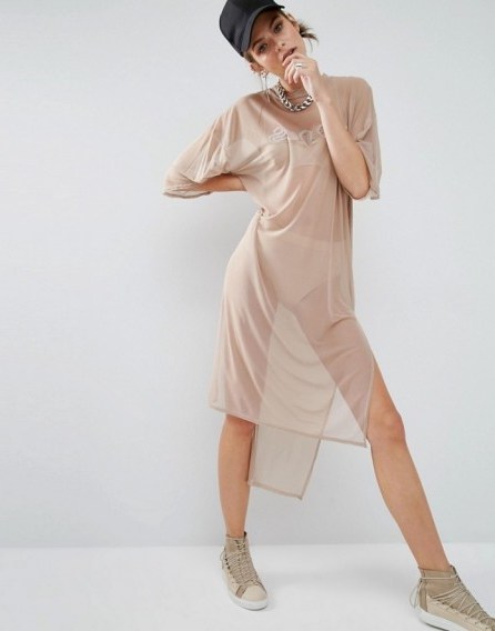 Bones Oversized Boxy Sheer Mesh T-Shirt Dress nude ~ see-through fabric ~ long tees ~ casual fashion ~ t shirt dresses ~ high low t shirts ~ on trend tops ~ trending - flipped