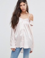 Boohoo Rose Satin Cold Shoulder Blouse ~ silky open shoulder blouses ~ thin strap tops ~ slinky fabric ~ pale pink ~ trending fashion