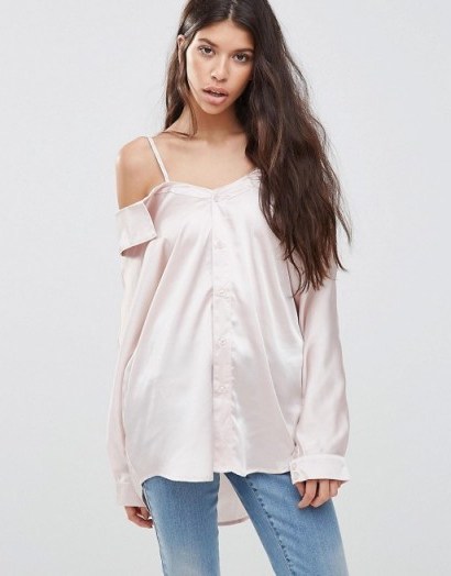 Boohoo Rose Satin Cold Shoulder Blouse ~ silky open shoulder blouses ~ thin strap tops ~ slinky fabric ~ pale pink ~ trending fashion - flipped