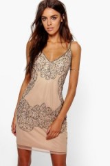boohoo boutique Arianna nude bead embellished slip dress. Going out cami dresses | strappy evening wear | spaghetti strap fashion | on trend occasion clothing | trending now | thin straps