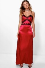 boohoo boutique Mia berry satin and black lace trim long slip dress. Red silky maxi dresses | slinky cami dress | affordable evening glamour | strappy style going out fashion | on trend occasion wear | trending now | thin spaghetti straps