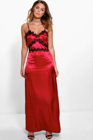 boohoo boutique Mia berry satin and black lace trim long slip dress. Red silky maxi dresses | slinky cami dress | affordable evening glamour | strappy style going out fashion | on trend occasion wear | trending now | thin spaghetti straps - flipped