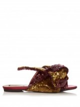 NO. 21 Bow-front sequin slides burgundy/gold. Luxe sequined flats | luxury flat shoes | sequins | embellished slip ons | slip on style footwear