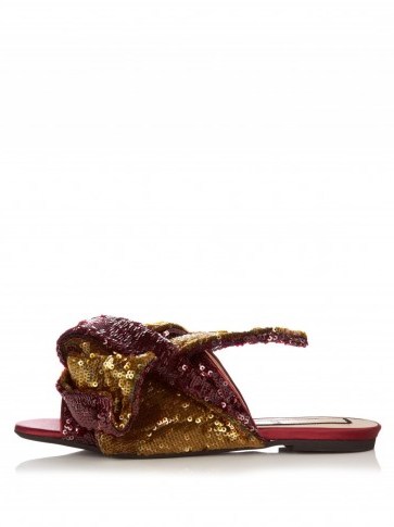 NO. 21 Bow-front sequin slides burgundy/gold. Luxe sequined flats | luxury flat shoes | sequins | embellished slip ons | slip on style footwear - flipped